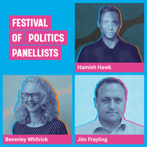 Graphic containing images of panellists Hamish Hawk, Beverley Whitrick, Jim Frayling.
